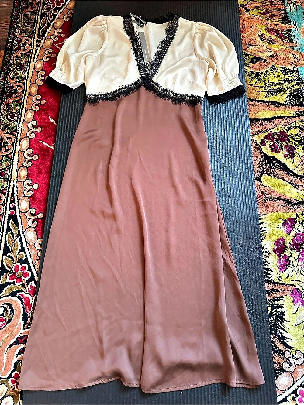 Guess Lace Trim Maxi Dress in Brown & White XS Petite NWT